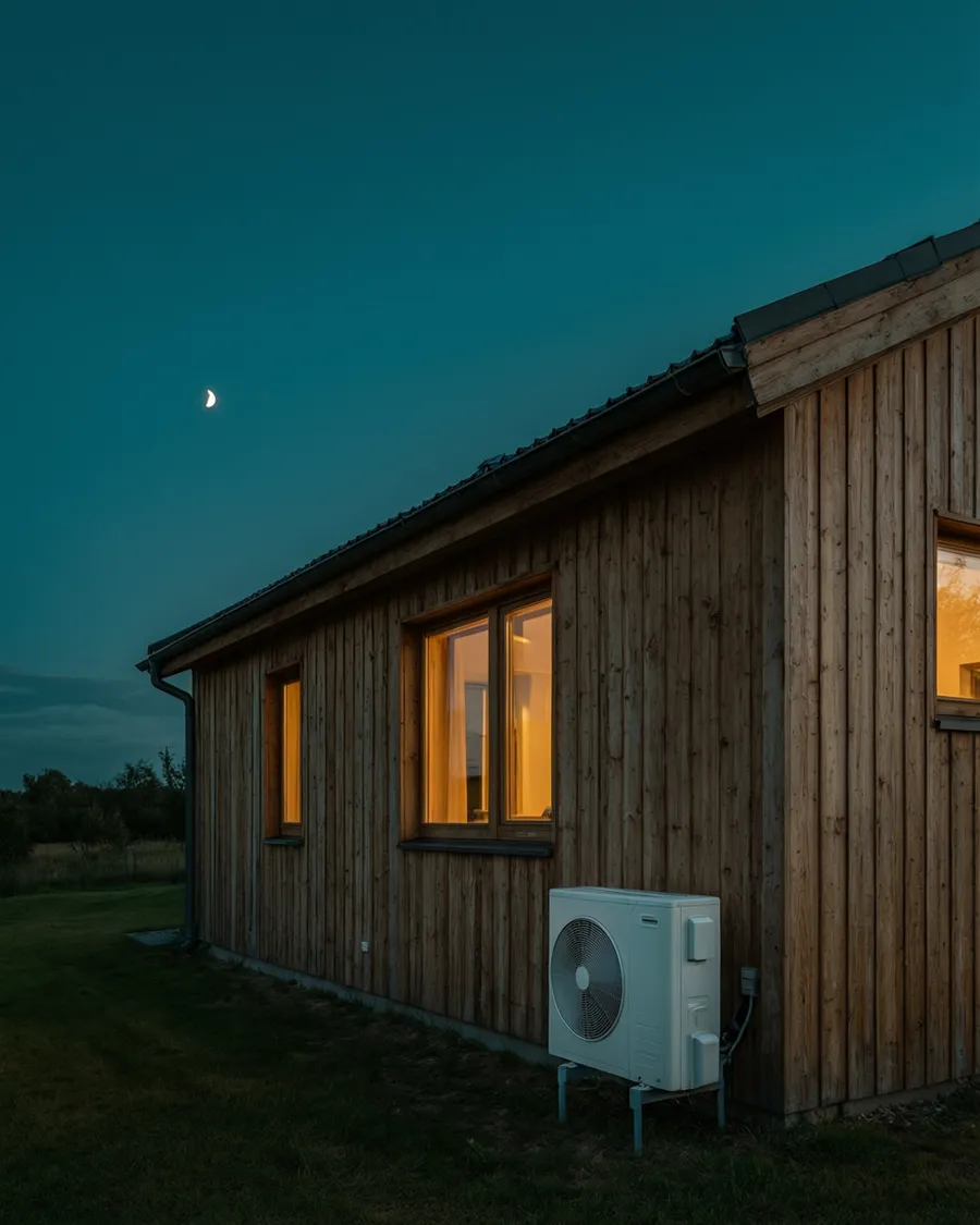 Timber home at twilight with a heat pump beside the wall