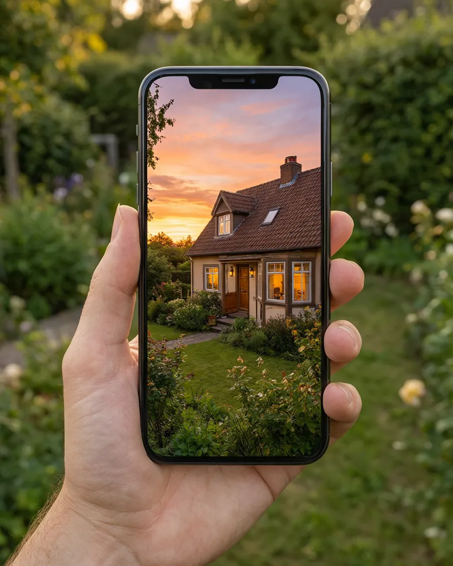 A hand holding a phone showing a home