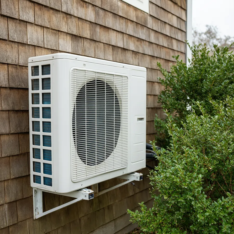 Outdoor heat pump on a cedar wall
