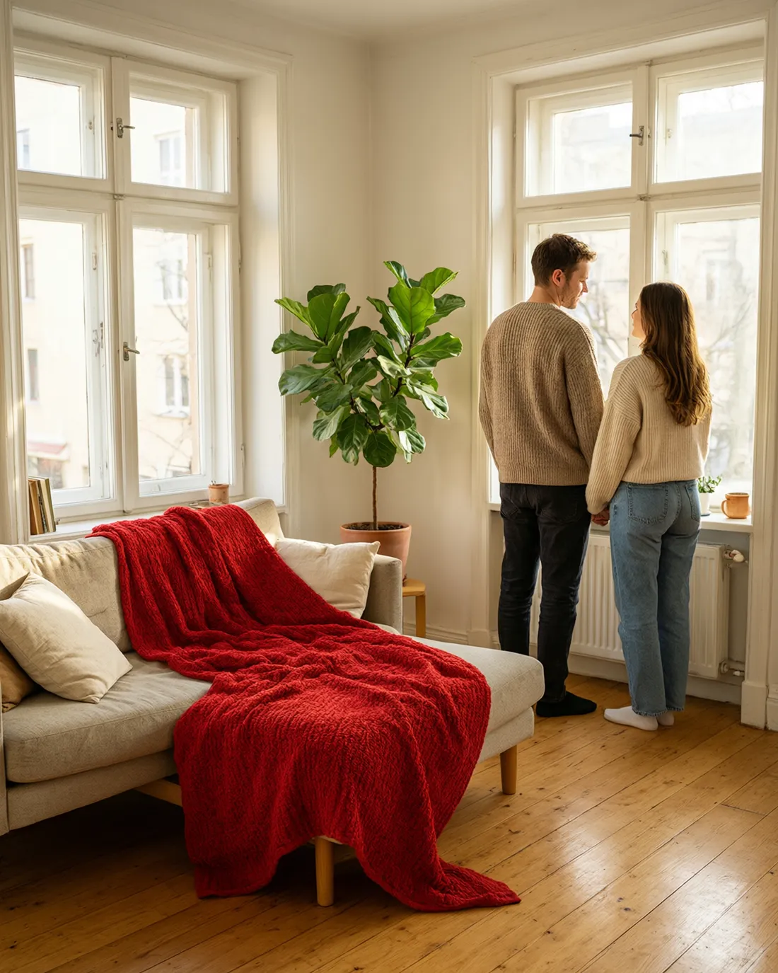 A couple at a sunny window in a warm living room